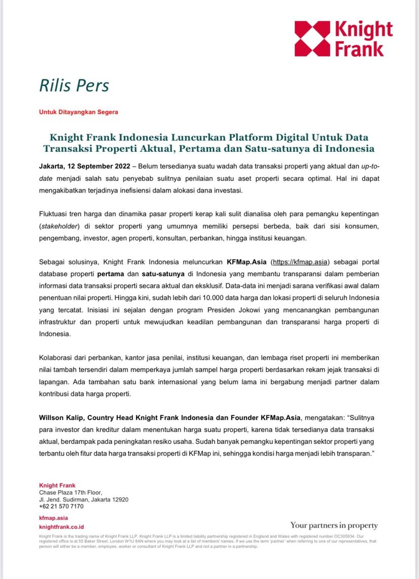 Rilis Pers - Knight Frank Indonesia Luncurkan Platform Digital Untuk Data Transaksi Properti Aktual | KF Map Indonesia Property, Infrastructure